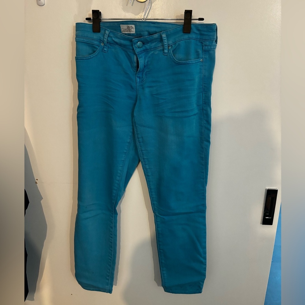 Gap low rise bright blue skinny Jean.